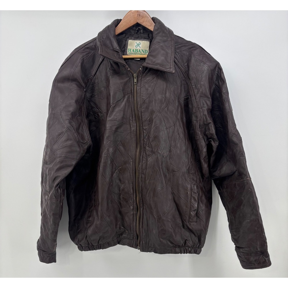 Vintage Haband Brown Patchwork Leather Jacket Men's Large Full Zip Bomber